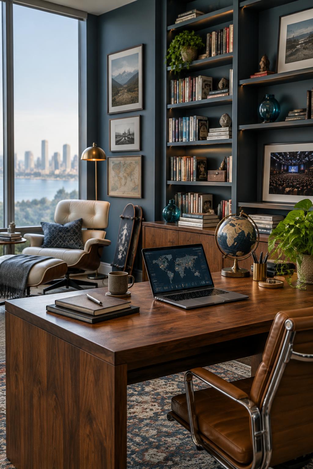 A book-lined office with a desk, laptop, globe, and reading chair